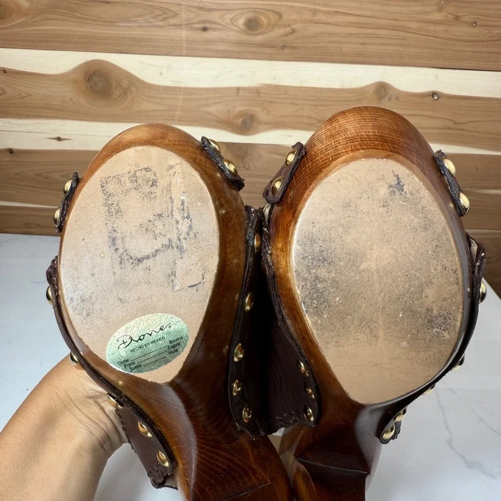Dione Chuncky Wooden Heel Platform Sandals Leather Straps Brown Size 7.5 - Picture 8 of 13